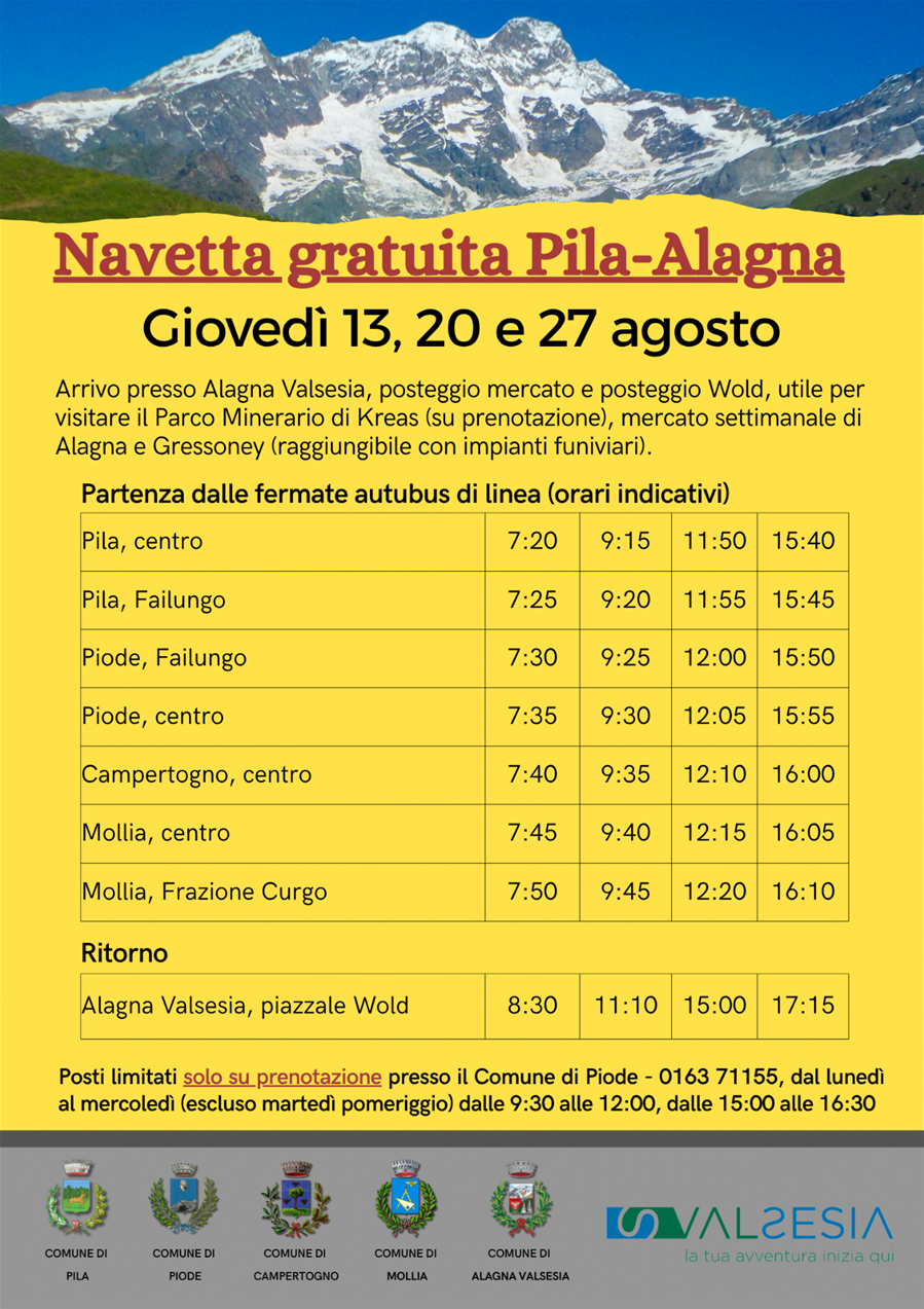Servizio navetta gratuita Pila - Alagna: giovedì 13, 20 e 27 agosto